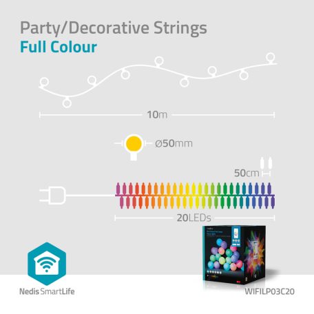 SmartLife Dekoratív Lámpák | Party LED füzér | Wi-Fi | Fehér / RGB | 20 db. LED | 10 m | Android™ | Izzó átmérő: 50 mm