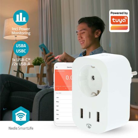 SmartLife Intelligens Csatlakozó | Wi-Fi | IP21 | Teljesítmény mérő | 3680 W | Type F (CEE 7/7) / 1x USB-C™ / 2x USB | 0 - 55 °C | Android™ / IOS | Fehér | 1 db
