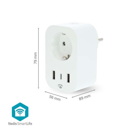 SmartLife Intelligens Csatlakozó | Wi-Fi | IP21 | Teljesítmény mérő | 3680 W | Type F (CEE 7/7) / 1x USB-C™ / 2x USB | 0 - 55 °C | Android™ / IOS | Fehér | 1 db