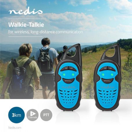 NEDIS Walkie-Talkie szett | 2 Kézibeszélő | Legfeljebb 3 km | Frekvencia csatornák: 3 | PTT | Max. 3 óráig | Fekete / Kék