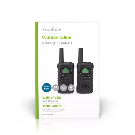 Walkie-Talkie szett | 2 Kézibeszélő | Legfeljebb 6 km | Frekvencia csatornák: 8 | PTT / VOX | Max. 3 óráig | Fejhallgató kimenet | 2 Fejhallgató | Fekete