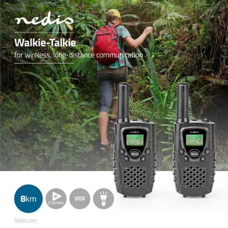 Walkie-Talkie szett | 2 Kézibeszélő | Legfeljebb 8 km | Frekvencia csatornák: 8 | PTT / VOX | Max. 2.5 óráig | Fejhallgató kimenet | Fekete