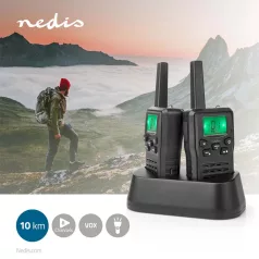   Walkie-Talkie szett | 2 Kézibeszélő | Legfeljebb 10 km | Frekvencia csatornák: 8 | PTT / VOX | Max. 6 óráig | Töltő állomást tartalmaz | Fejhallgató kimenet | Fekete