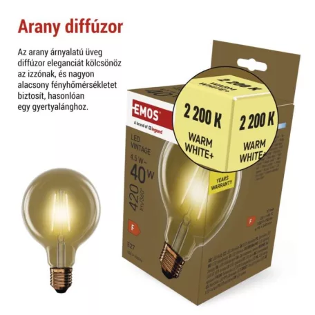 LED izzó Vintage G95 / E27 / 4,5 W (40 W) / 420 lm / Meleg fehér