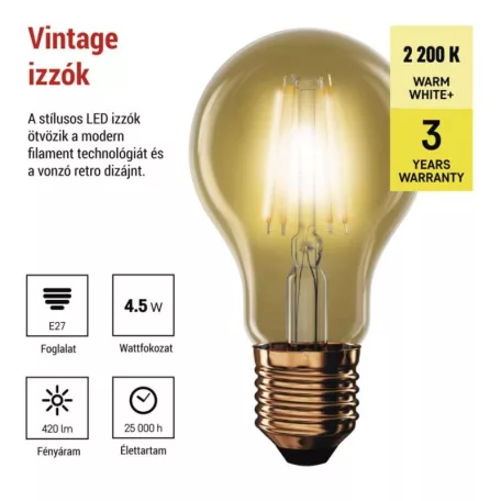 LED izzó Vintage A60 / E27 / 4,5 W (40 W) / 420 lm / Meleg fehér