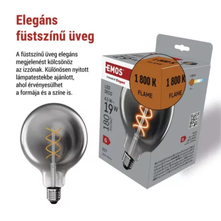 LED izzó DECO SMOKED G125 / E27 / 4,5 W (19 W) / 180 lm / flame