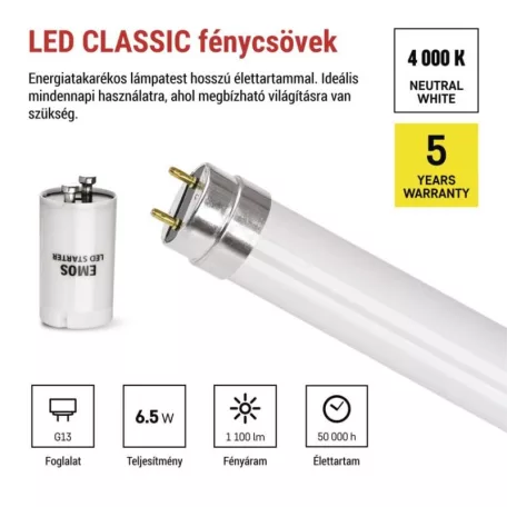 LED Fénycső T8 6,5 W 1100 lm 60 cm, természetes fehér 10 db.