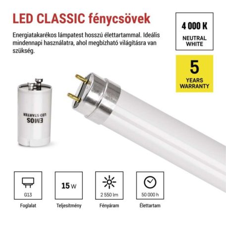 LED Fénycső T8 15 W 2 550 lm 120 cm, természetes fehér