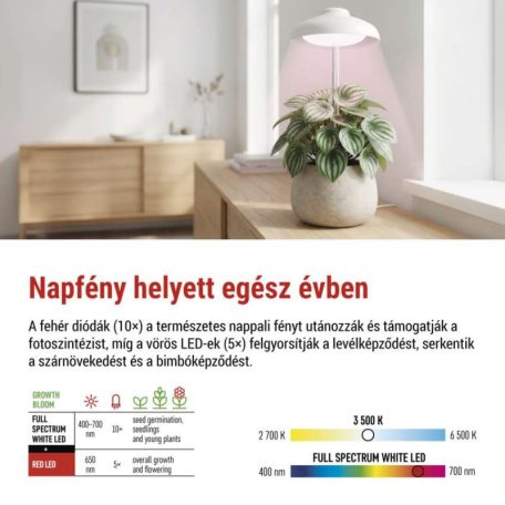 LED növénynevelő lámpa, teljes spektrum, 15 LED, beltéri, időzítővel