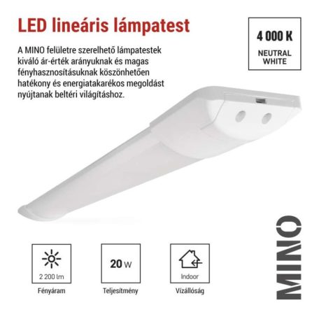 LED lineáris lámpatest MINO 20W, semleges fehér