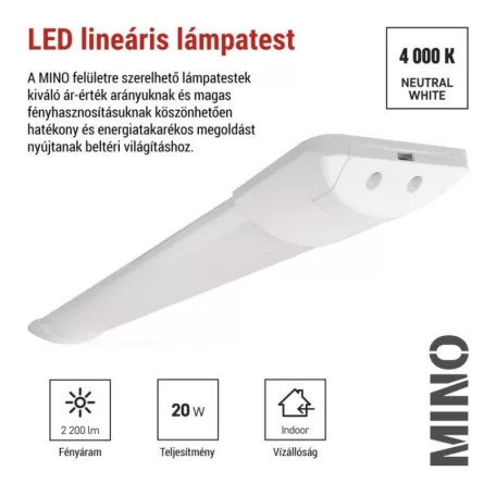 LED lineáris lámpatest MINO 20W, semleges fehér