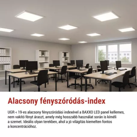 LED panel BAXXO 60 × 60 cm / 50 mm, 36 W, 4320 lm, falonkívüli, sem. fehér, UGR<19, IP20