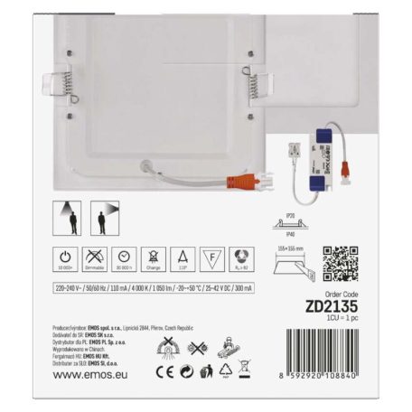 LED süllyesztett lámpatest NEXXO, négyzet, fehér, 12W, természetes fehér