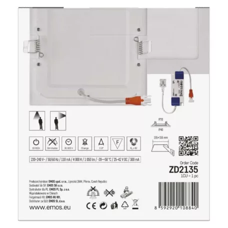 LED süllyesztett lámpatest NEXXO, négyzet, fehér, 12W, természetes fehér