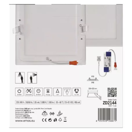 LED süllyesztett lámpatest NEXXO, négyzet, fehér, 18W, meleg fehér