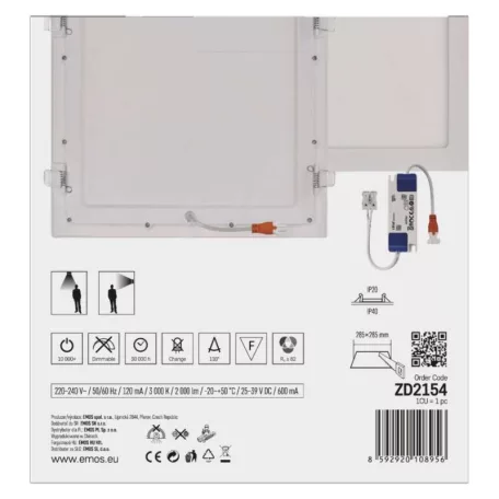 LED süllyesztett lámpatest NEXXO, négyzet, fehér, 24W, meleg fehér