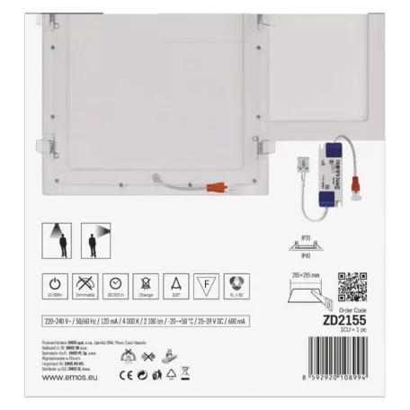 LED süllyesztett lámpatest NEXXO, négyzet, fehér, 24W, természetes fehér
