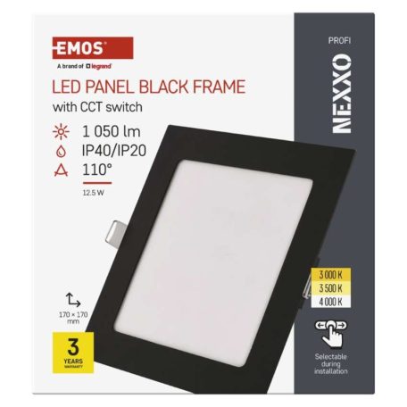 LED süllyesztett lámpatest NEXXO, négyzet, fekete, 12W, CCT