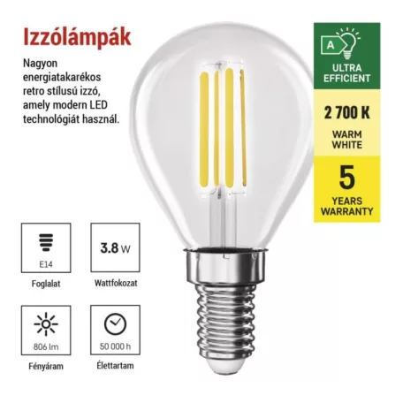 LED izzó Filament Mini Globe A CLASS / E14 / 3,8 W (60 W) / 806 lm / meleg fehér