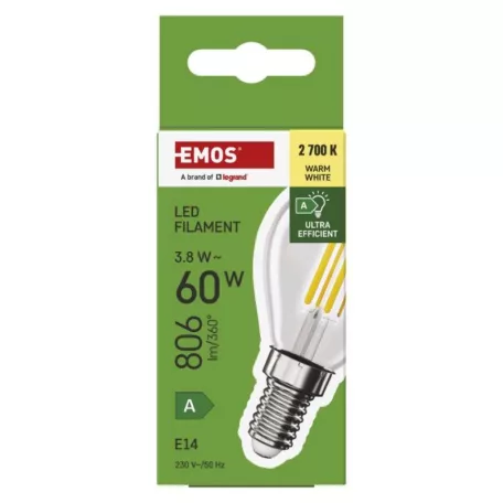 LED izzó Filament Mini Globe A CLASS / E14 / 3,8 W (60 W) / 806 lm / meleg fehér