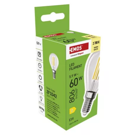 LED izzó Filament Mini Globe / E14 / 5,9 W (60 W) / 806 lm / Meleg fehér