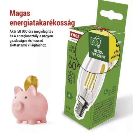 LED izzó Filament gyertya A CLASS/ E14 / 3,8 W (60 W) / 806 lm / Meleg fehér