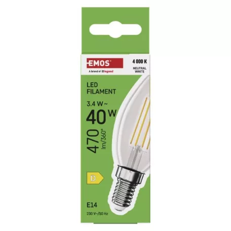 LED izzó Filament gyertya / E14 / 3,4 W (40 W) / 470 lm / Természetes fehér