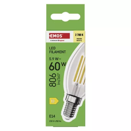 LED izzó Filament gyertya / E14 / 5,9 W (60 W) / 806 lm / Meleg fehér