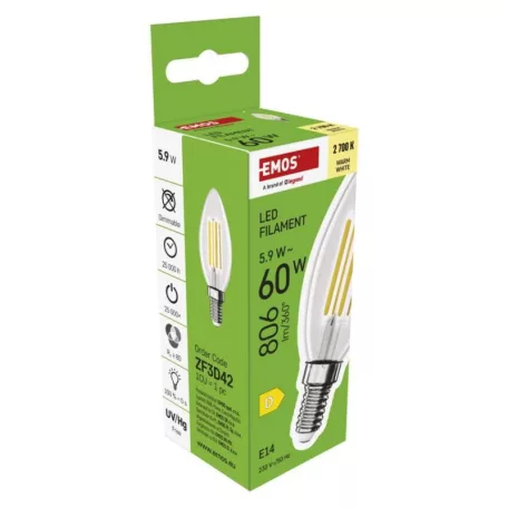 LED izzó Filament gyertya / E14 / 5,9 W (60 W) / 806 lm / Meleg fehér