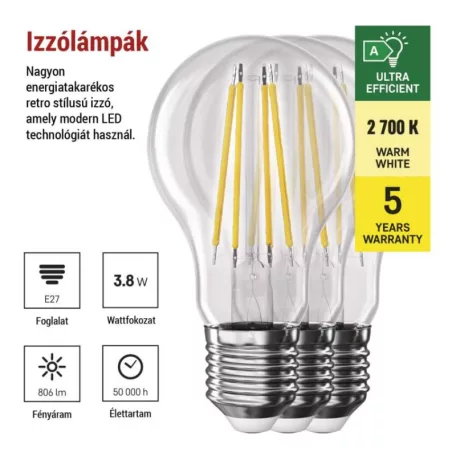 LED izzó Filament A60 A CLASS/ E27 / 3,8 W (60 W) / 806 lm / meleg fehér
