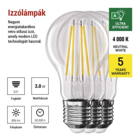 LED izzó Filament A60 A CLASS/ E27 / 3,8 W (60 W) / 806 lm / természetes fehér