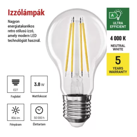 LED izzó Filament A60 A CLASS/ E27 / 3,8 W (60 W) / 806 lm / természetes fehér