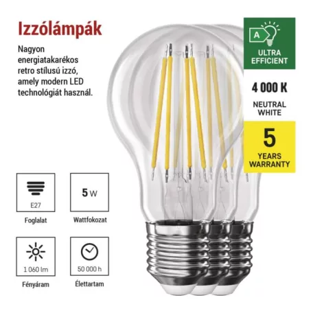 LED izzó Filament A CLASS A60 / E27 / 5 W (75 W) / 1 060 lm / természetes fehér