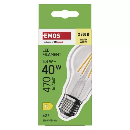 LED izzó Filament A60 / E27 / 3,4 W (40 W) / 470 lm / Meleg fehér