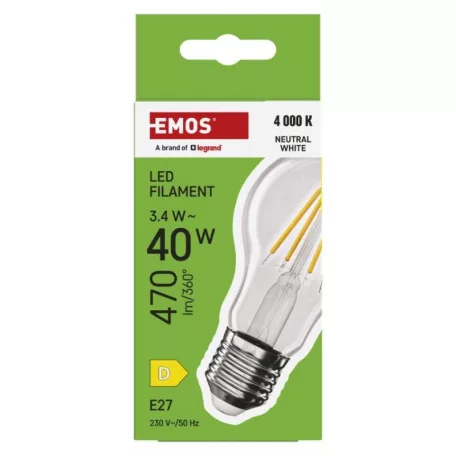 LED izzó Filament A60 / E27 / 3,4 W (40 W) / 470 lm / Természetes fehér