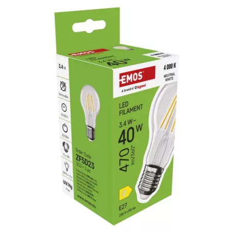 LED izzó Filament A60 / E27 / 3,4 W (40 W) / 470 lm / Természetes fehér