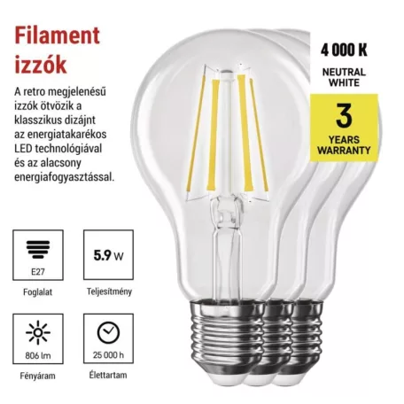 LED izzó Filament A60 / E27 / 5,9 W (60 W) / 806 lm / Természetes fehér