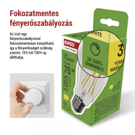 LED izzó Filament A60 / E27 / 7,5 W (75 W) / 1 055 lm / meleg fehér / dimmelhető