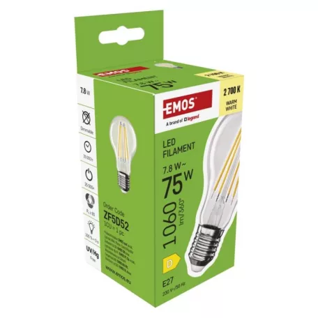 LED izzó Filament A60 / E27 / 7,8 W (75 W) / 1060 lm / Meleg fehér