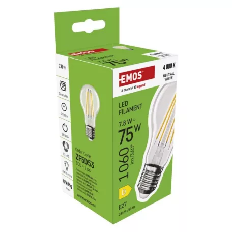 LED izzó Filament A60 / E27 / 7,8 W (75 W) / 1060 lm / Természetes fehér