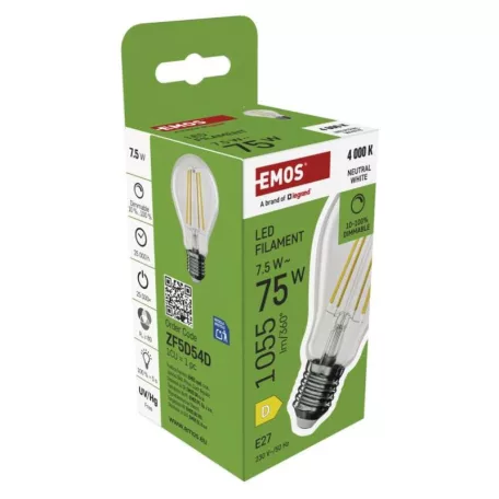 LED izzó Filament A60 / E27 / 7,5 W (75 W) / 1 055 lm / Természetes fehér / dimmelhető