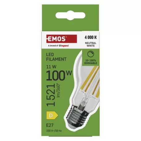 LED izzó Filament A60 / E27 / 11 W (100 W) / 1 521 lm / Természetes fehér / dimmelhető