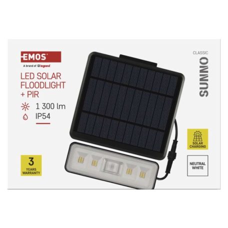 EMOS LED SOLAR reflektor hordozható SUNNO, PIR, 1300lm IP54 természetes fehér