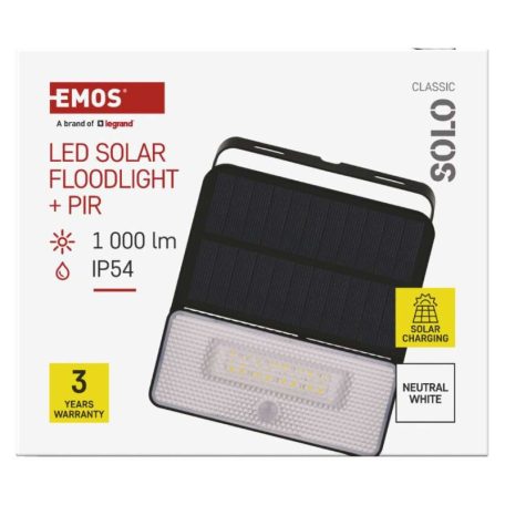 EMOS LED SOLAR reflektor hordozható SOLO, PIR, 1000lm IP54 természetes fehér