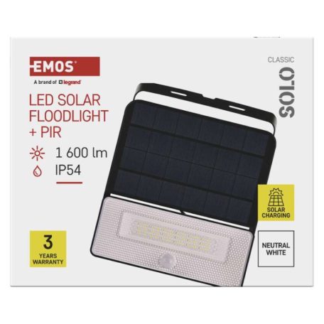 EMOS LED SOLAR reflektor hordozható SOLO, PIR, 1600lm IP54 természetes fehér