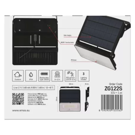 EMOS LED SOLAR reflektor hordozható SOLO, PIR, 1600lm IP54 természetes fehér