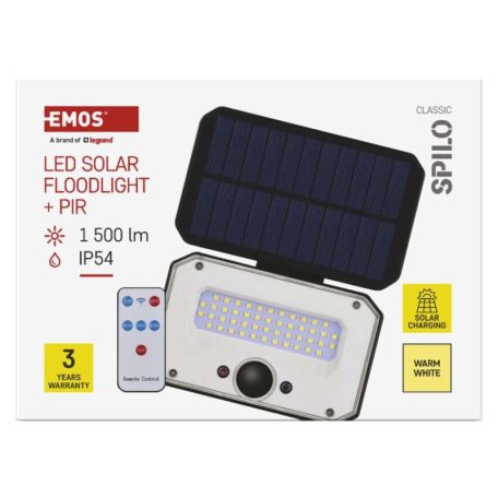 EMOS LED SOLAR reflektor hordozható SPILO, PIR, 1500lm IP54 meleg fehér