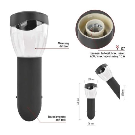 Kerti fali lámpa ARTEO, 12 x 12 x 33 cm, 1 x E27, 15 W