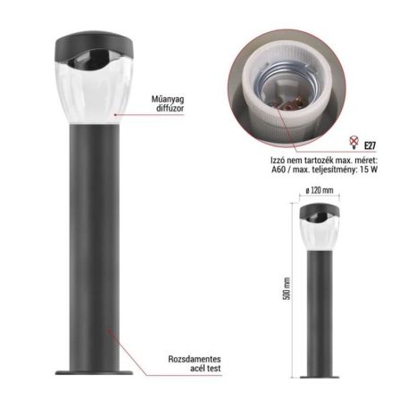 Kerti oszloplámpa ARTEO, 12 x 12 x 50 cm, 1 x E27, 15 W