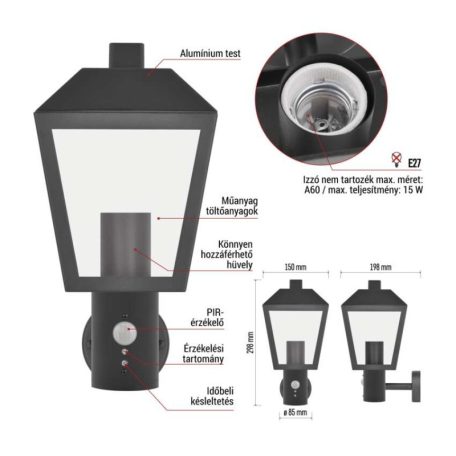 Kerti fali lámpa ADENIA szürkületérzékelővel, 19,8 x 15 x 29,8 cm, 1 x E27, 15 W